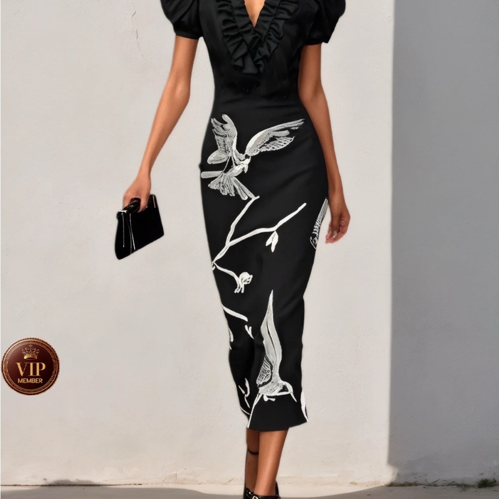 Elegant Black Midi Dress with Bird Design
